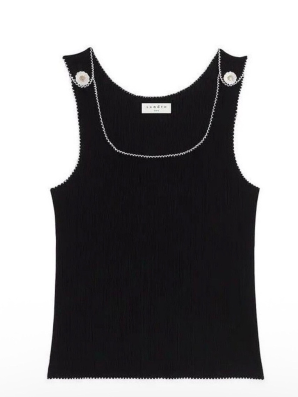 Sandro Black Ribbed Tank with Daisy Style Shoulder Buttons - Picture 1 of 4